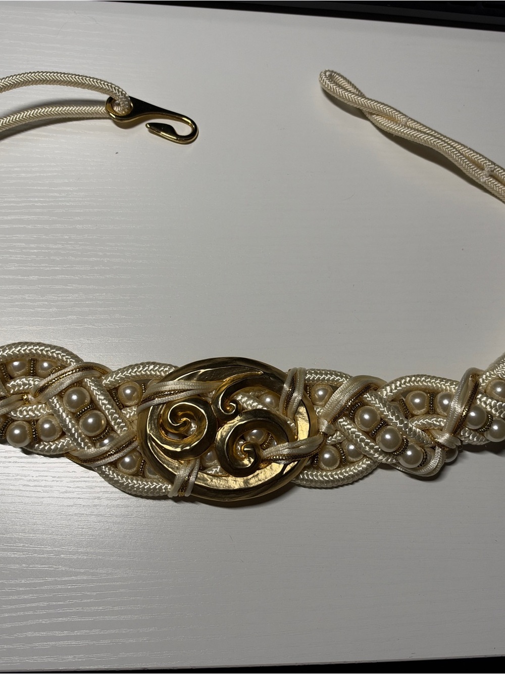 Vintage Elegant Cream Pearl Braided Belt with Gold Medallion